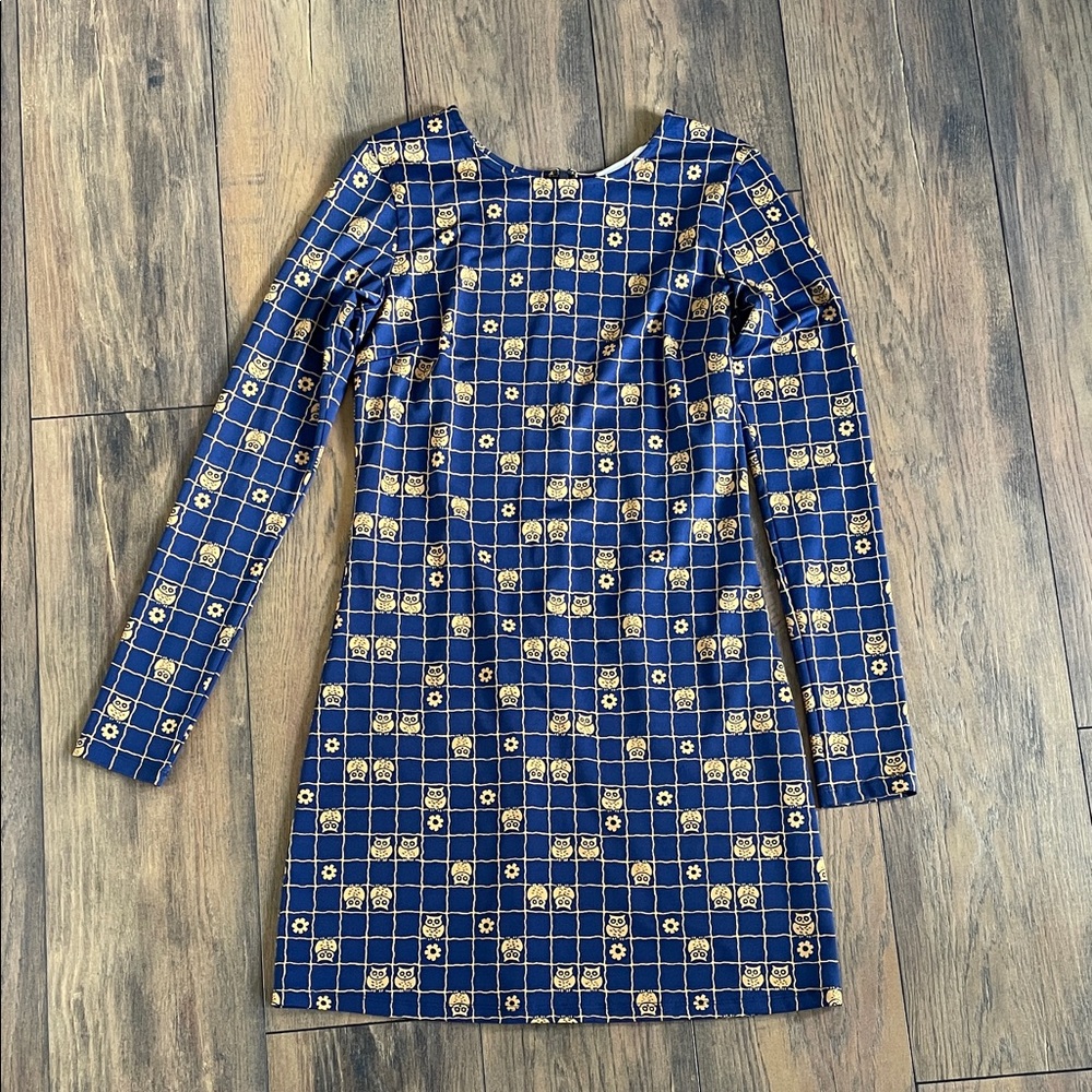 Elegant Blue and Gold Checkered Owl Dress